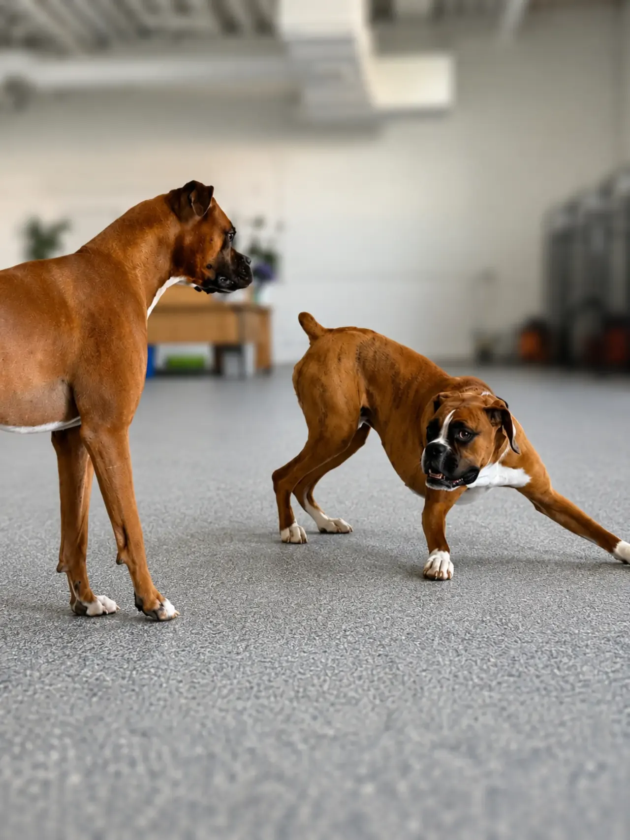 Two boxers in a play bow inside the playspace at Beegan K9 Cleveland