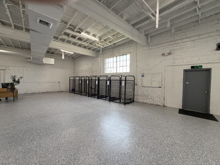 A row of extra-large kennels at Beegan K9 dog daycare in Cleveland, Ohio
